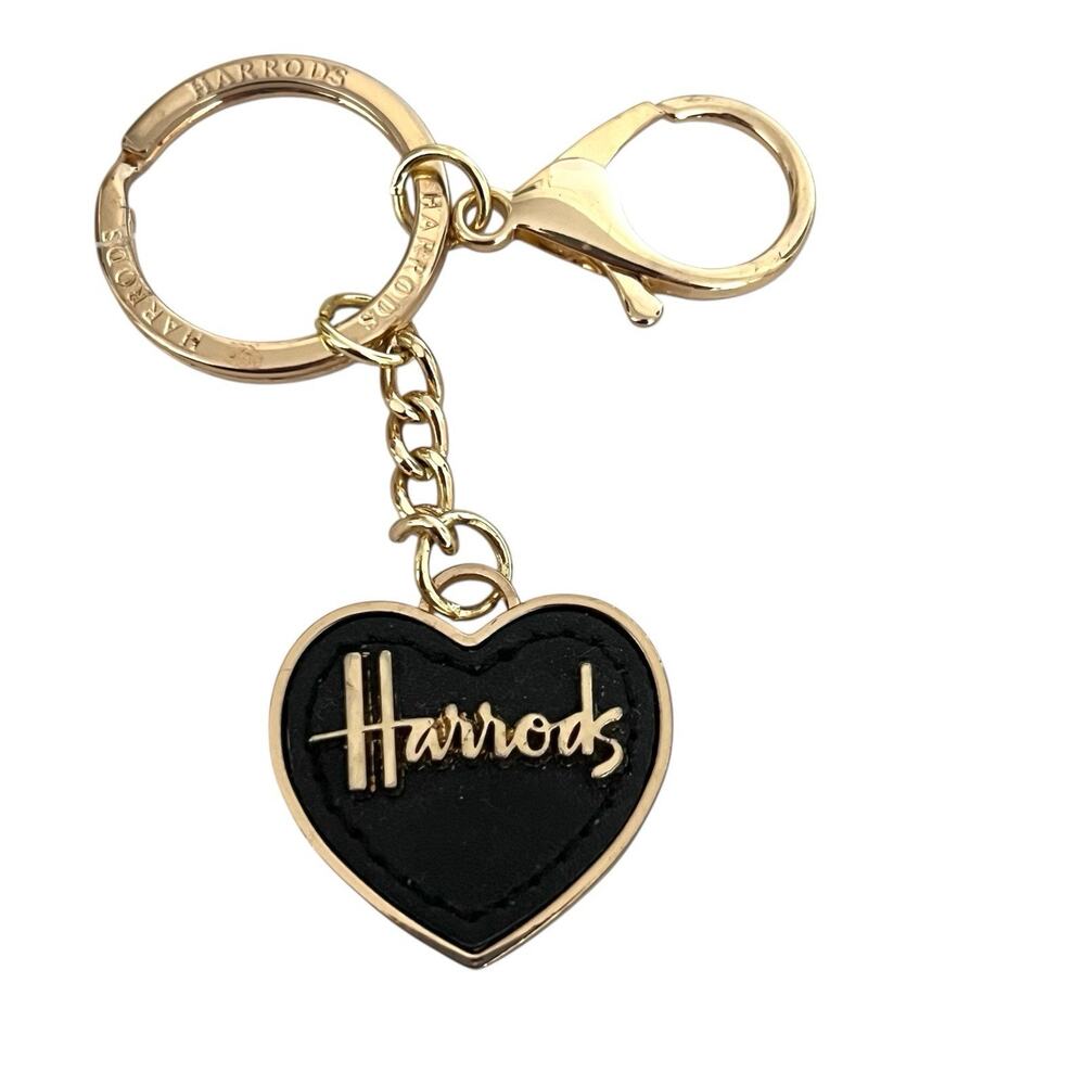 Harrods Knightsbridge London Gold Keychain Black Enamel Heart UK England